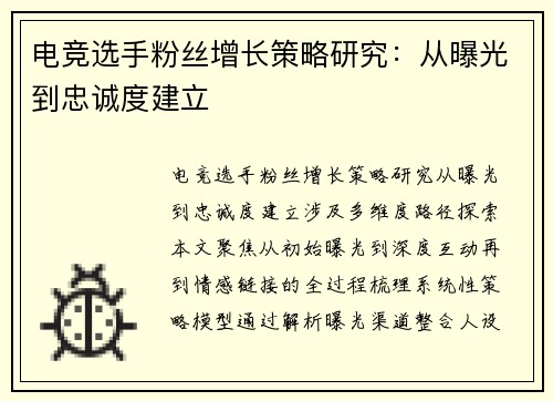 电竞选手粉丝增长策略研究：从曝光到忠诚度建立